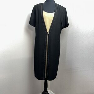 Vintage 80's Scarlett Sheath Dress Women's‎ 14 Black & Tan Faux 2 Piece Button